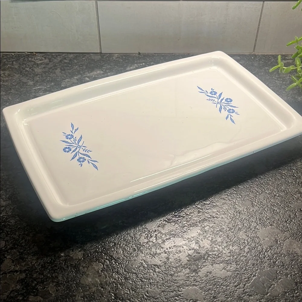 Corning Ware White Rectangular Warming Tray with Cornflower Blue Design.